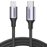 Cablu USB-C la Lightning UGREEN US304 1m, 3A, Fast Charge PD, MFi, Nylon Impletit, Negru