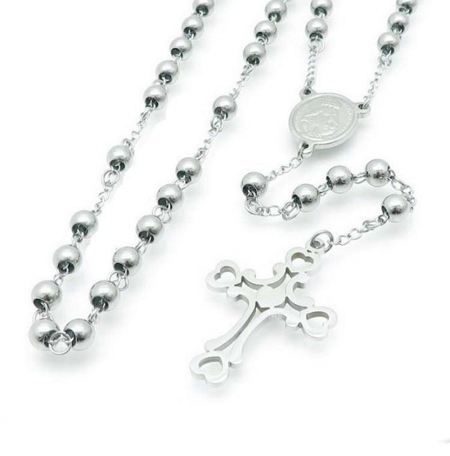 Rozariu Barbati Inox, Argintiu, Cruce Religioasa, Lant si Margele, Model