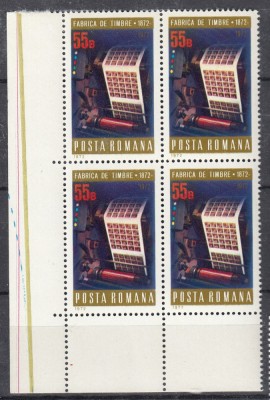 ROMANIA 1972 LP 800 CENTENARUL FABRICII DE TIMBRE BLOC DE 4 TIMBRE MNH foto