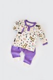 Set bluzita cu maneca lunga si nasturei si pantaloni lungi, 100% bumbac organic, BabyCosy, Mov (Marime: 9-12 luni)