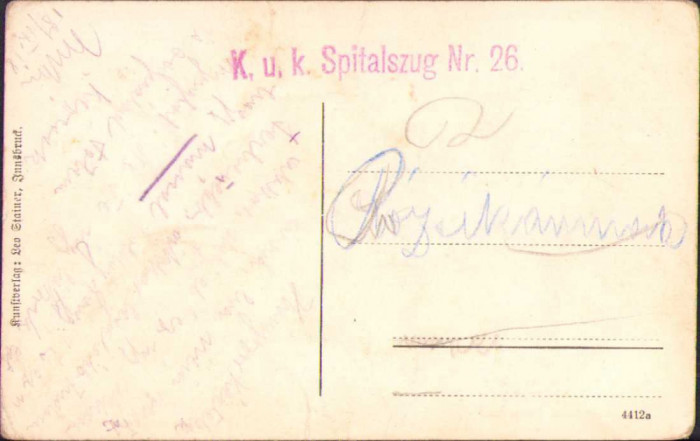 HST CP71 Carte poștală 1918 ștampilă kuk Spitalzug nr 26