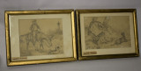 Doua tablouri vechi - desene creion Pastor si Vanator - autor necunoscut, Scene gen, Carbune, Realism