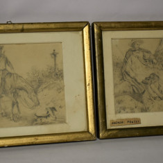Doua tablouri vechi - desene creion Pastor si Vanator - autor necunoscut