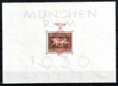 Germania Reich 1937, Mi #649 = Bl 10, supratipar, sport, curse de cai, &amp;quot;Panglica Maro&amp;quot;, MNH, cota 180 &amp;euro;! foto