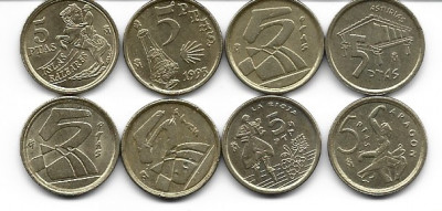 Spania serie 8 monede a 5 pesetas 1991-1998 foto