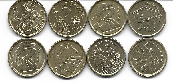 Spania serie 8 monede a 5 pesetas 1991-1998