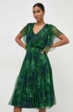 Nissa rochie de mătase culoarea verde, midi, evazați RC14784