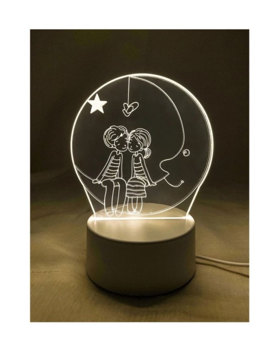 Lampa Decorativă 3D Lamba, Cuplu si Luna, cu alimentare USB, lungime cablu 1 m, 9,5 x 9,5 x 16 cm, Alb/Transparent