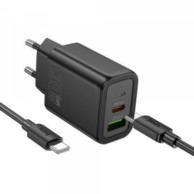 Incarcator Retea Cu Cablu USB-C HOCO N63, 30W, 3A, 1 x USB-A - 1 x USB-C, Negru foto