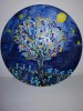 Mandala rotunda albastra albastru pomi si flori pictat manual acrylic pictura in puncte decor perete pe disc vinil 12&rdquo;