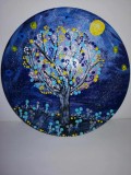 Mandala rotunda albastra albastru pomi si flori pictat manual acrylic pictura in puncte decor perete pe disc vinil 12&rdquo;