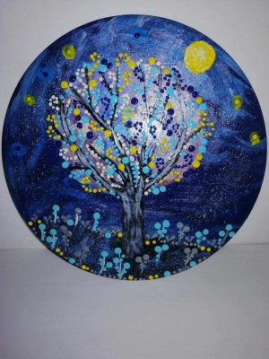 Mandala rotunda albastra albastru pomi si flori pictat manual acrylic pictura in puncte decor perete pe disc vinil 12&amp;rdquo; foto