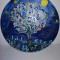 Mandala rotunda albastra albastru pomi si flori pictat manual acrylic pictura in puncte decor perete pe disc vinil 12&rdquo;