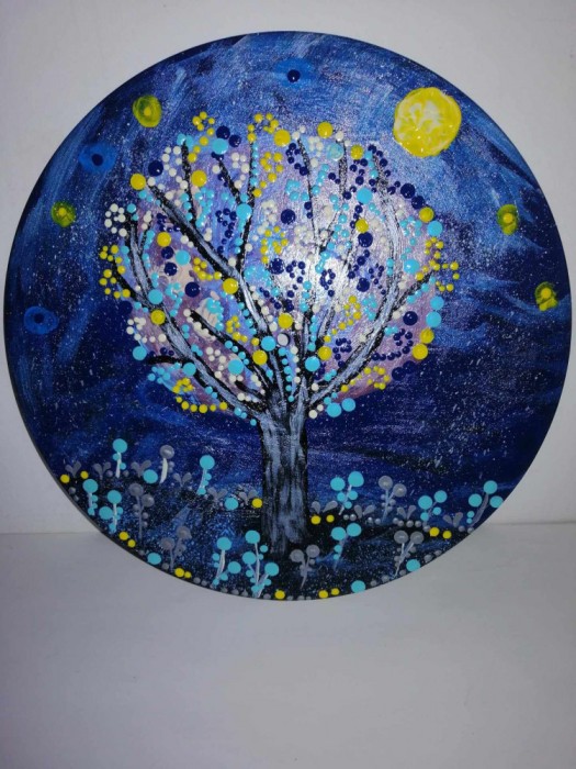 Mandala rotunda albastra albastru pomi si flori pictat manual acrylic pictura in puncte decor perete pe disc vinil 12&rdquo;