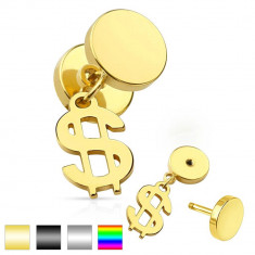 Plug fals pentru ureche din oÅ£el chirurgical, cercuri, simbolul dolar - Culoare Piercing: Auriu