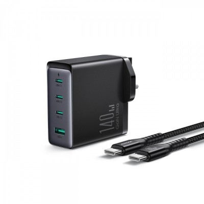 Incarcator Retea Cu Cablu USB-C Joyroom JR-TCG05UK, 140W, 5A, 1 x USB-A - 3 x USB-C, UK, Negru foto