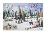 Tablou peisaj de iarna pictat manual, iarna pe ulita la sanius, 70x50cm ulei pe panza, Constantin Feraru