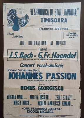 PM363N Afiș Filarmonica de Stat Banatul, Timișoara, 1985, Festival J S Bach și G Fr Haendel, 300 ani de la nașterea compozitorilor foto