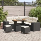 Set canapea de grădină vidaXL de 8 piese cu perne Negru Poli Ratan Acacia, Set de dining grădină vidaXL de 3 piese cu perne Negru Poli Ratan Acacia