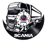 Ceas de perete decorativ realizat din disc de vinil, Model Camion Tir Scania Regele Șoselelor Logo Auto, Negru, 30 cm