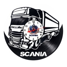 Ceas de perete decorativ realizat din disc de vinil, Model Camion Tir Scania Regele Șoselelor Logo Auto, Negru, 30 cm