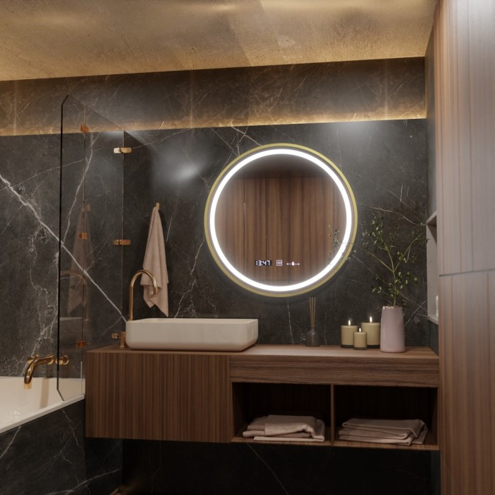 Oglinda LED Rotunda, 60cm, Celeste Royale Gold MotionGlow Marcello, Sistem Dezaburire, Ceas &amp; Termometru, Dimabila ModernLight Concept