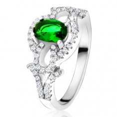 Inel cu piatră ovală verde, cercuri transparente, lacrimi, din argint 925 - Marime inel: 54