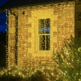 Instalatie craciun tip perdea, 8 jocuri de lumini, interconectabila, 2 m x 2 m, 240 led-uri, prelungitor 1.5 m, fir transparent, alb cald, Oem