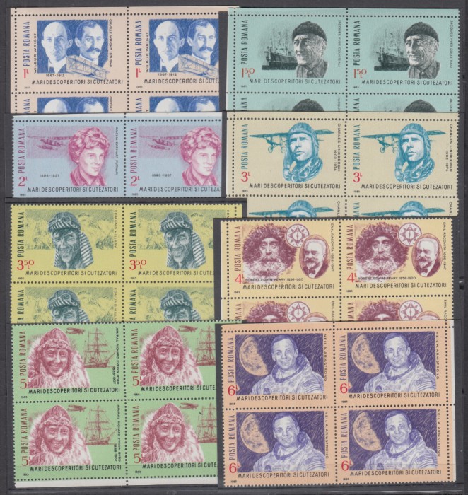 ROMANIA 1985 LP 1148 MARI DESCOPERITORI SI CUTEZATORI BLOCURI DE 4 TIMBRE MNH