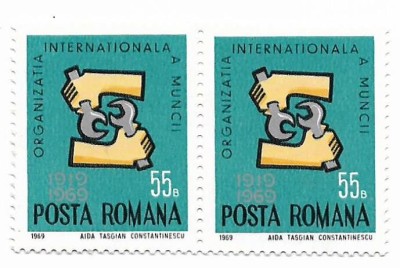 Romania (302) - Organizatia Internationala a Muncii, 1969 - neobliterata, bloc de 2 foto