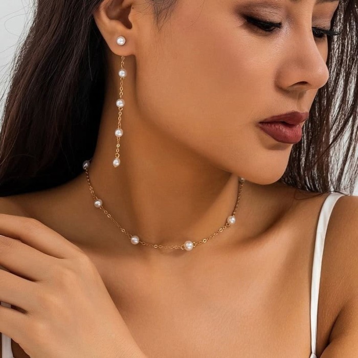 Set de Bijuterii cu Perle: Lănțișor, Brățară și Cercei Placați cu Aur S56K