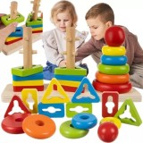 Sortator puzzle pentru copii, 14 piese incluse, 3 forme, stimuleaza creativitatea, lemn, multicolor