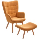 HOMCOM Fotoliu Accent cu Otoman, Fotoliu de Relaxare &icirc;n Aspect de Catifea, Fotoliu cu Brate din Lemn, pentru Living, Maro | Aosom Romania