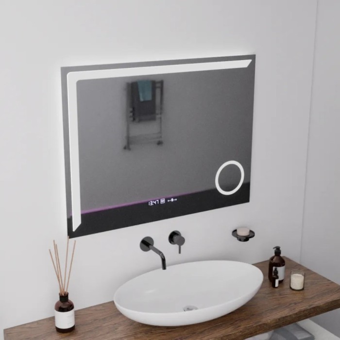 Oglinda LED Rectangulara, 80x60cm, Precision MotionGlow Marcello, Sistem Dezaburire, Ceas &amp; Termometru, Lupa Cosmetica, Dimabila ModernLight Concept