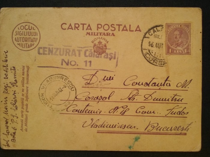 1942-C.P.militara circ. -CENZURAT CALARASI 11-St.CALARASI-T.VLADIMIRESCU