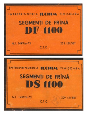 Set 2 etichete rare din comunism, Segmenti de frana DS-DF 1100, ILCHIM Timisoara foto