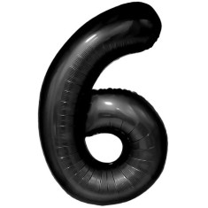Balon din folie metalizata, flippy, figurina cifra, tema aniversare 80 cm, ambalaj individual, pai inclus, umflare cu aer sau heliu, negru, cifra 6