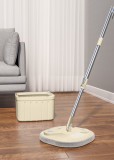 Set mop rotativ cu doua rezerve Dreamramp, culoare bej, Galeata patrata, doua compartimente pentru apa curata si murdara, robinet de scurgere a apei,