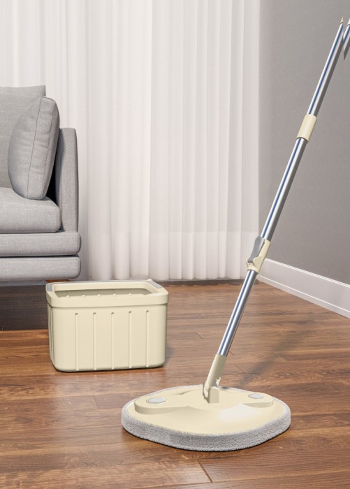 Set mop rotativ cu doua rezerve Dreamramp, culoare bej, Galeata patrata, doua compartimente pentru apa curata si murdara, robinet de scurgere a apei,