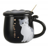 Cana cu capac din ceramica si lingurita Pufo Sweet Kitty pentru cafea sau ceai, 300 ml, negru