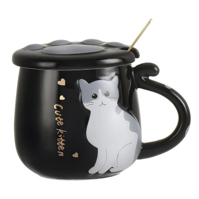 Cana cu capac din ceramica si lingurita Pufo Sweet Kitty pentru cafea sau ceai, 300 ml, negru foto