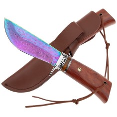 Cutit de vanatoare DEPOX&reg;, Rose Accuracy, damasc, 22 cm, lemn trandafir, multicolor, husa piele