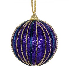 Ornament Brad Crăciun, Glob Spumă, Albastru Mov, Glitter, șiret Lanț Auriu, 8cm
