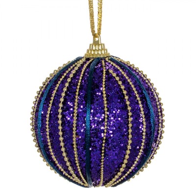Ornament Brad Crăciun, Glob Spumă, Albastru Mov, Glitter, șiret Lanț Auriu, 8cm foto