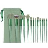 Cumpara ieftin Set 13 pensule pentru machiaj, sintetice, maner plastic, soft, portabil, husa inclusa, verde
