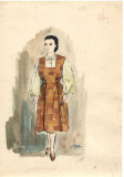 Personaj femeie, costum spectacol, tehnică mixta, 21x29 cm, teatru, scenografie, Portrete, Acuarela, Realism