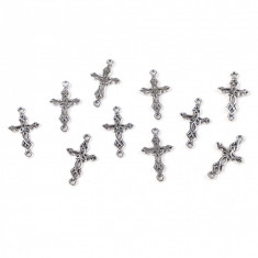 Set 10 pandantive decorative metalice, 13 x 22 mm Cruciulite argintii