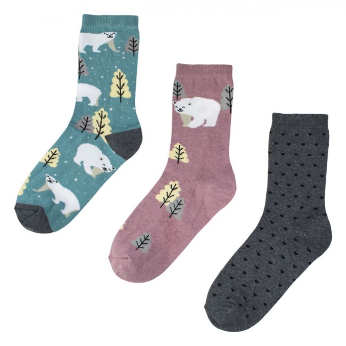 Set șosete Femei Multicolor, 3 Perechi, Imprimeu Ursuleți și Buline