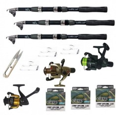 Kit pescuit sportiv cu 3 lansete 3.6m Wind Blade, 3 mulinete Cobra, trei gute 0,30 mm si foarfeca foto