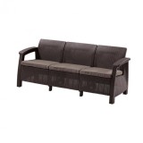 Canapea gradina Curver Corfu Max, extensibila, 3 locuri, maro/taupe, perne incluse, aspect ratan, 182x70x79 cm